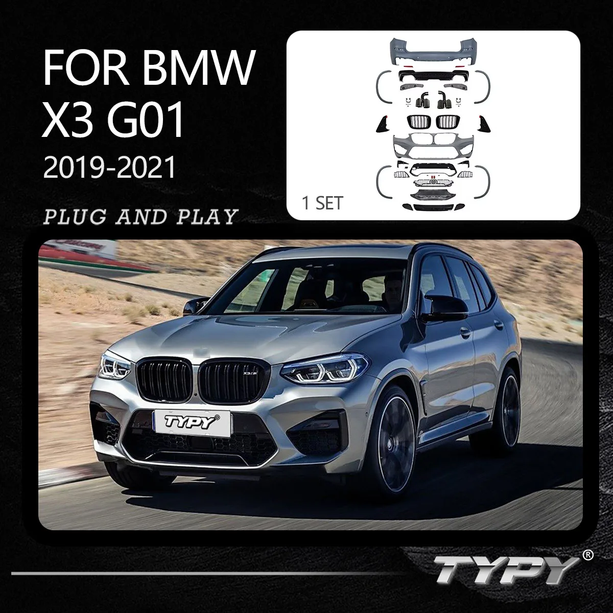 

Комплект кузова TYPY для BMW X3 G01 2019-2021, модифицированные КОМПЛЕКТЫ КУЗОВОВ X3M, передние и задние бамперы 1:1, дизайнерские автомобильные аксессуары