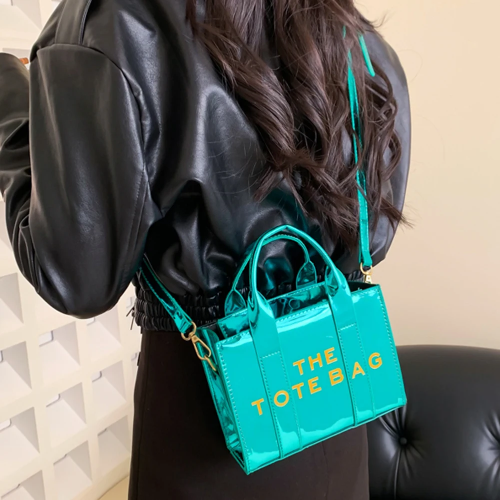 Patent Leather Shoulder Bag Fashion Letter Ladies Tote Bags Casual Adjustable Strap Simple Shiny Portable for Weekend Vacation