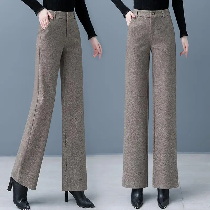 Pants Woolen Herringbone Pattern Autumn Brushed Thick Women's Pants Straight