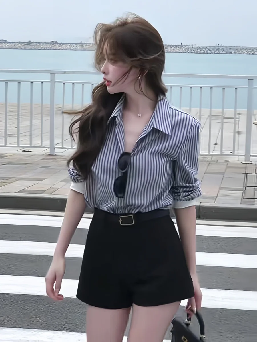 Chic Korean Style Striped Shirt Women's Long Sleeve Spring Autumn Inner Wear Slimming Top Meat Covering Ladylike Blouse