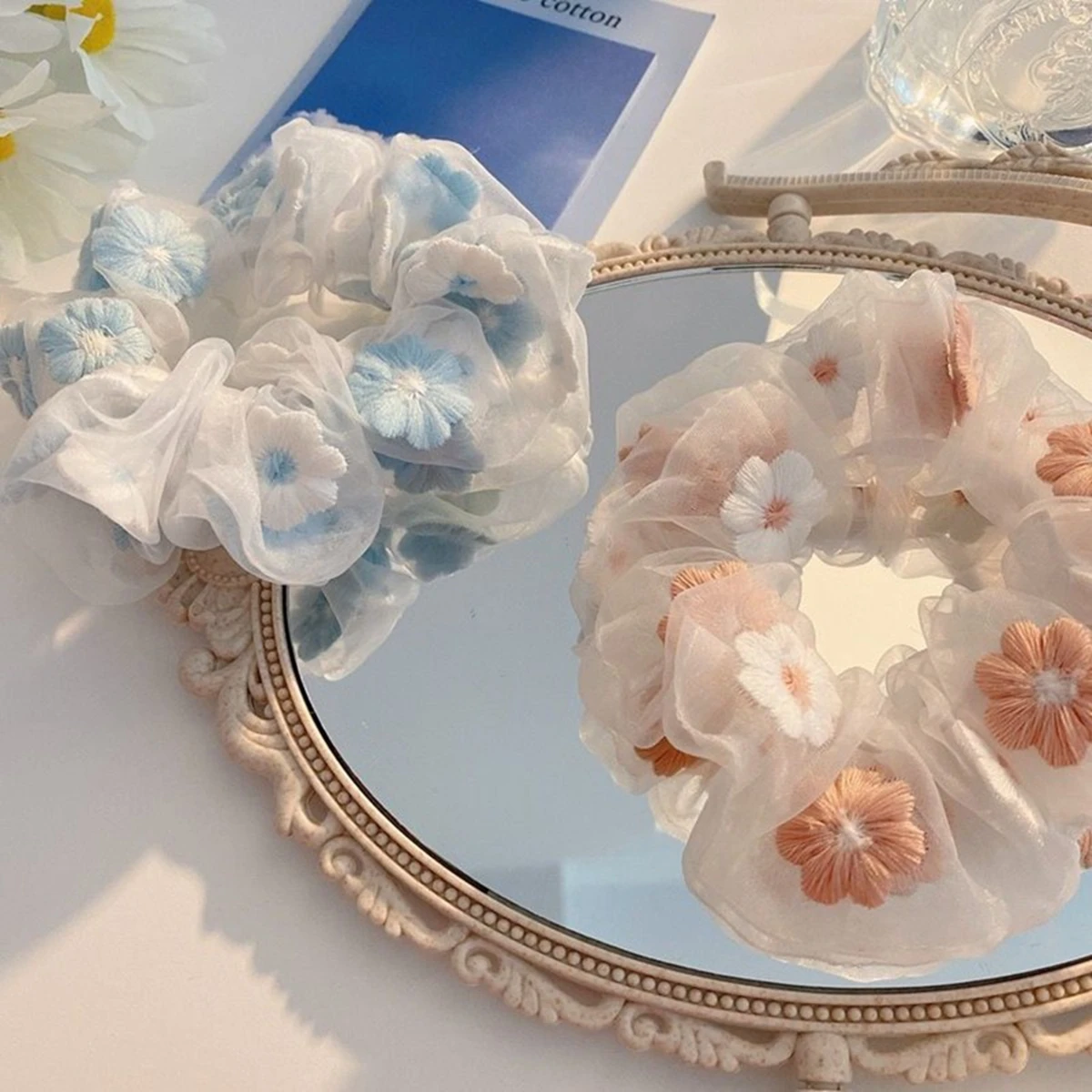 2Pcs Floral Organza Hair Scrunchies for Women, Cute Embroidered Flower Hair Ties, Sheer Hair Accessories for Daily and Sweet Hair Styling view 6