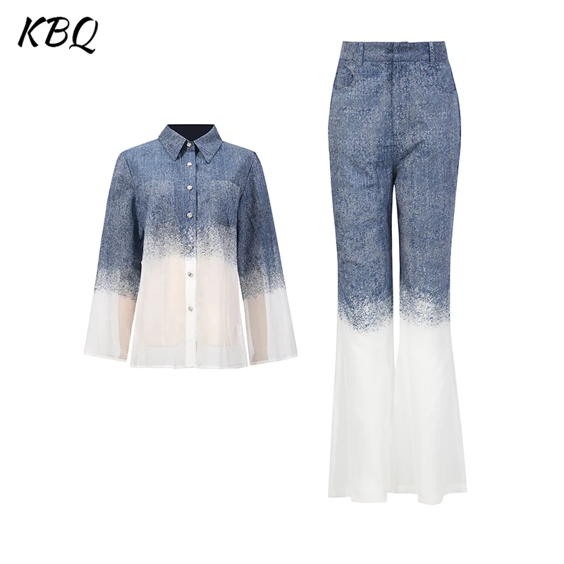 

KBQ Hit Color Two Piece Set for Women Lapel Long Sleeve Spliced Button Top High Waist Temperament Pant Loose Sets Female New