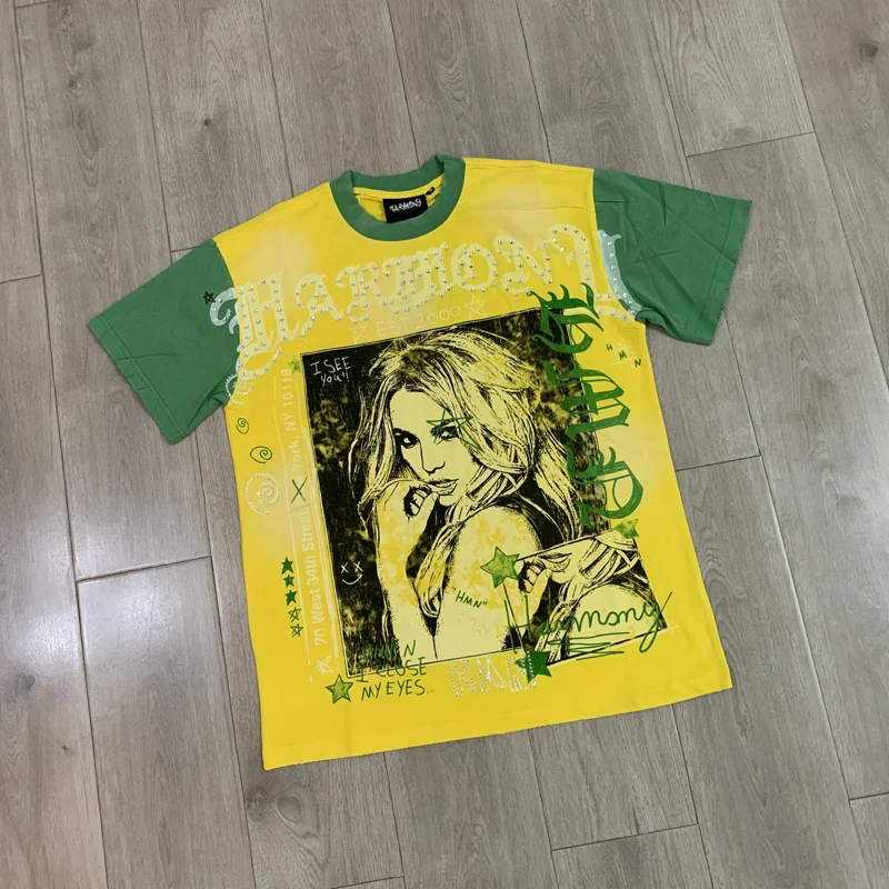 Streetwear High Quality HARMONY Short Sleeved Shirt Contrasting Colors Rhinestones Printed Figures T-shirts