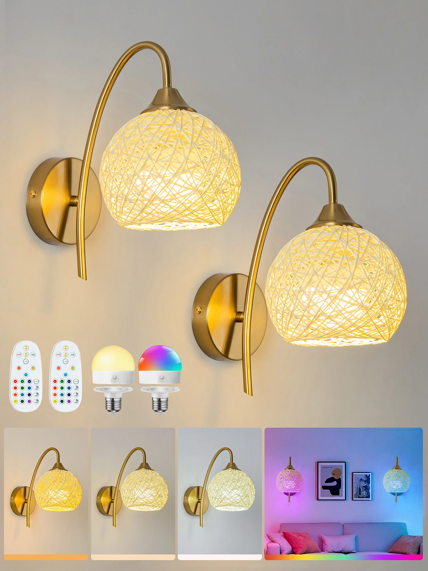 Battery-Powered Wall Light, Wireless Charging Wall Light, with 2000Mah Dimmable Detachable Bulb and Remote Control, 15-Color Wall Light, Bedroom Living Room Hallway Wall Decoration