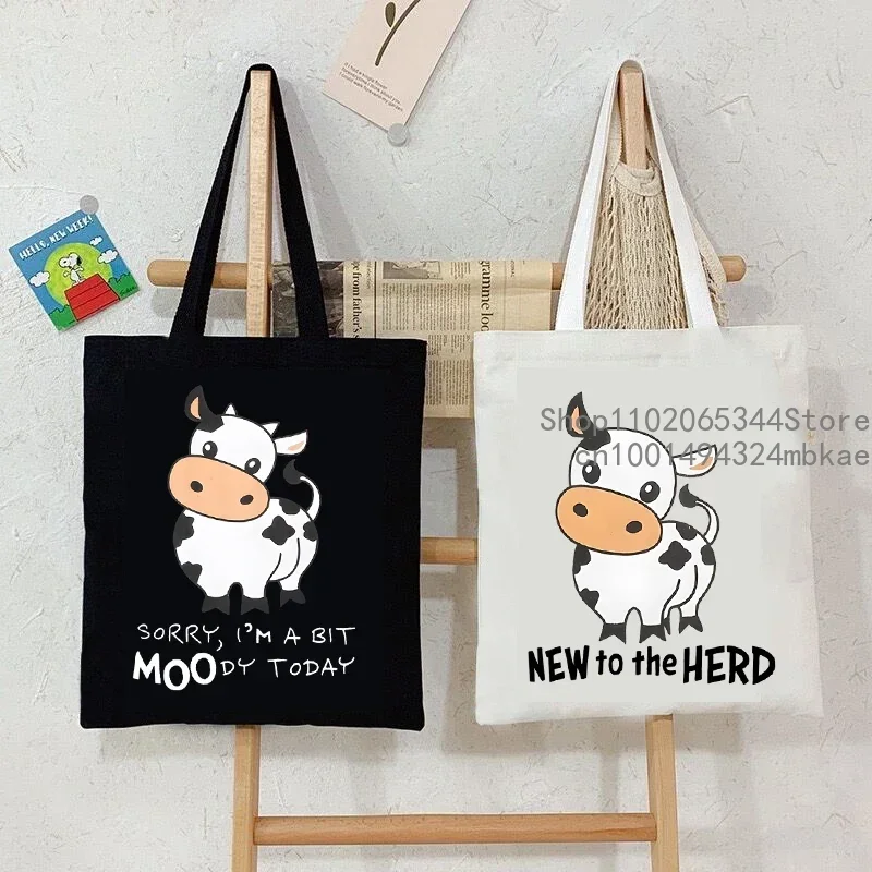 Canvas Tote Bag Sorry I\'m A Bit Moody Today Print Student Shopping Bag Cartoon Cow Graphic Casual Handbag Side Bag for Ladies