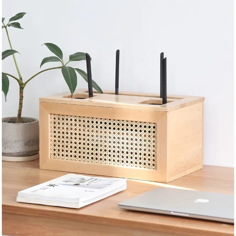 Nordic Modern Router Box Solid Wood Rattan Weaving Organizer Boxes Multi Functional Socket Holder, TV Set Top Box, Storage Items