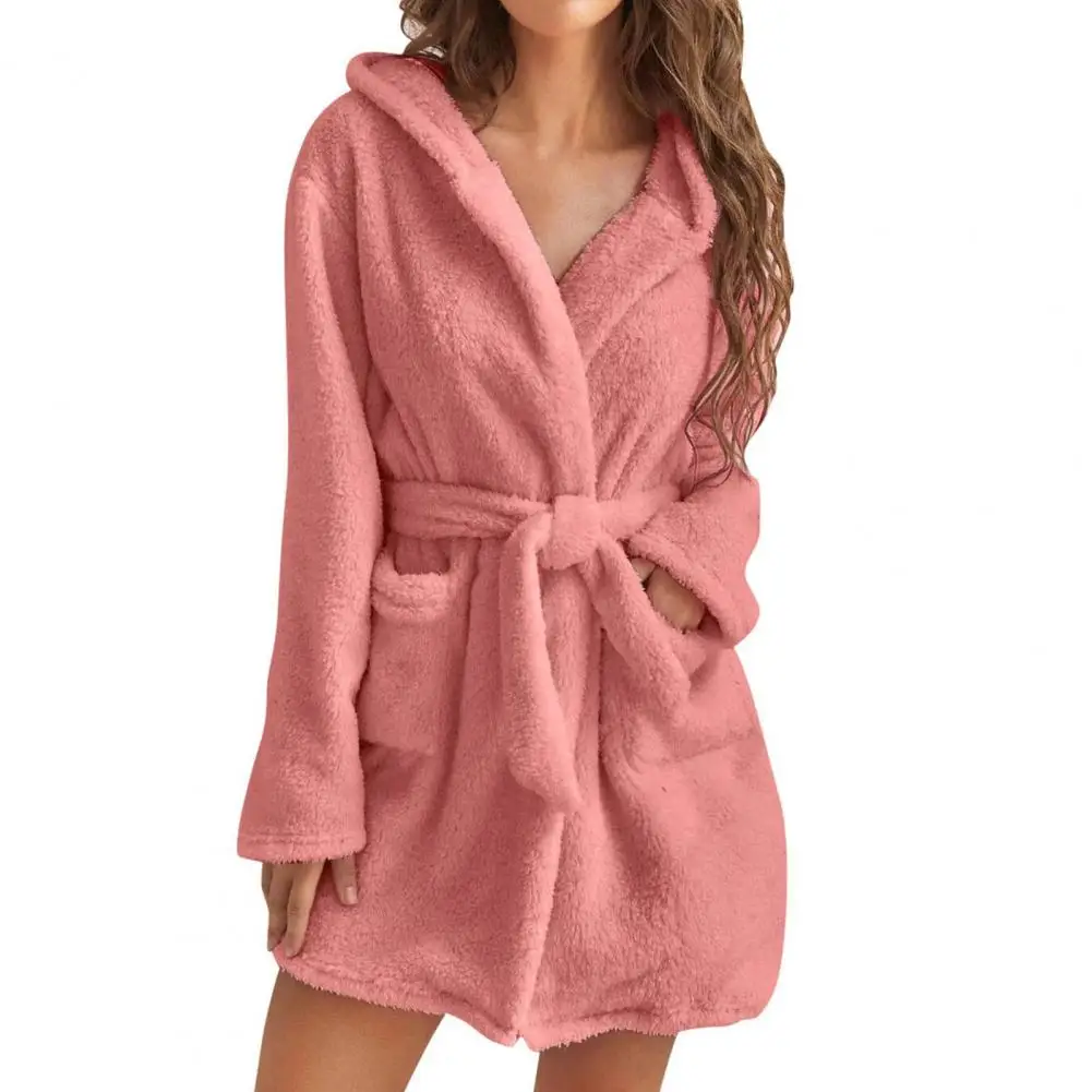 Women's Hooded Nightgown Plush Winter Bathrobe with Pockets Solid Color Tie Waist Flannel Pajamas for Home Party