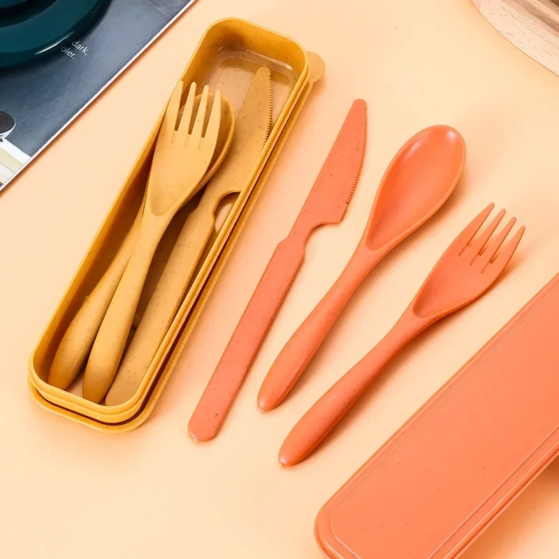 Juego de cubiertos cuchara, tenedor, cuchillo, paja de trigo, vajilla portátil para el almuerzo de viaje con caja, vajilla para estudiantes, accesorios de cocina, 3 uds.