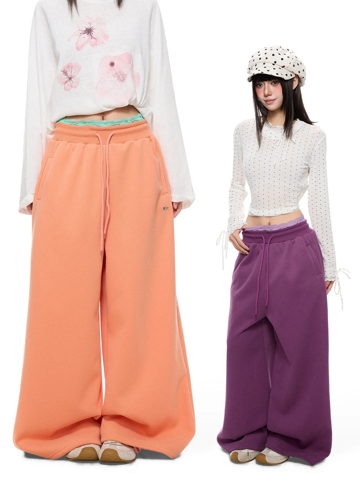 K787 Floral Print High Low Waist American Retro Candy Color Casual Knife  Sweatpants Women's Lace Patchwork Wide Leg Pants