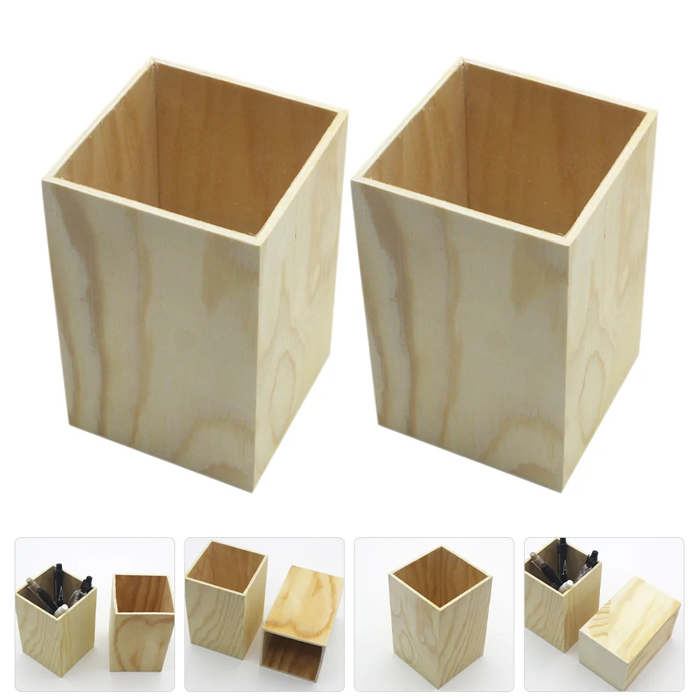 

2Pcs Wood Pen Container Tabletop Utensil Holder Multifunctional Desktop Stationery Organizer Unpainted Design Pen Holder