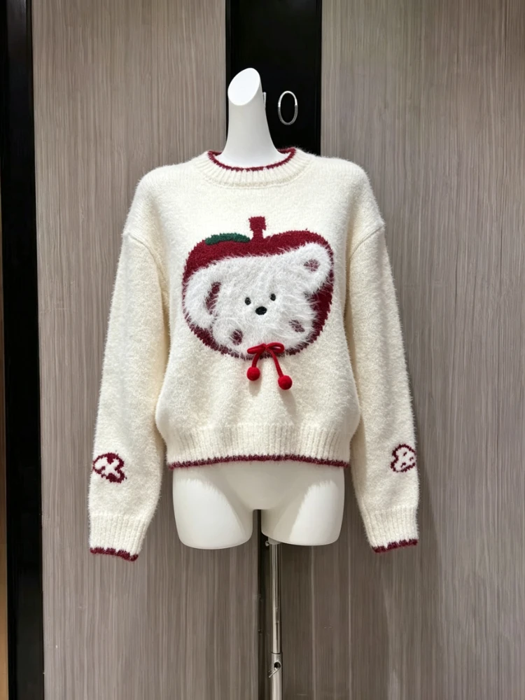 White Sweet Kawaii Christmas Fuzzy Knit Sweater Women Bow Decor Apple Puppy Print Contrast Trim Loose Fit Casual Winter Outfit