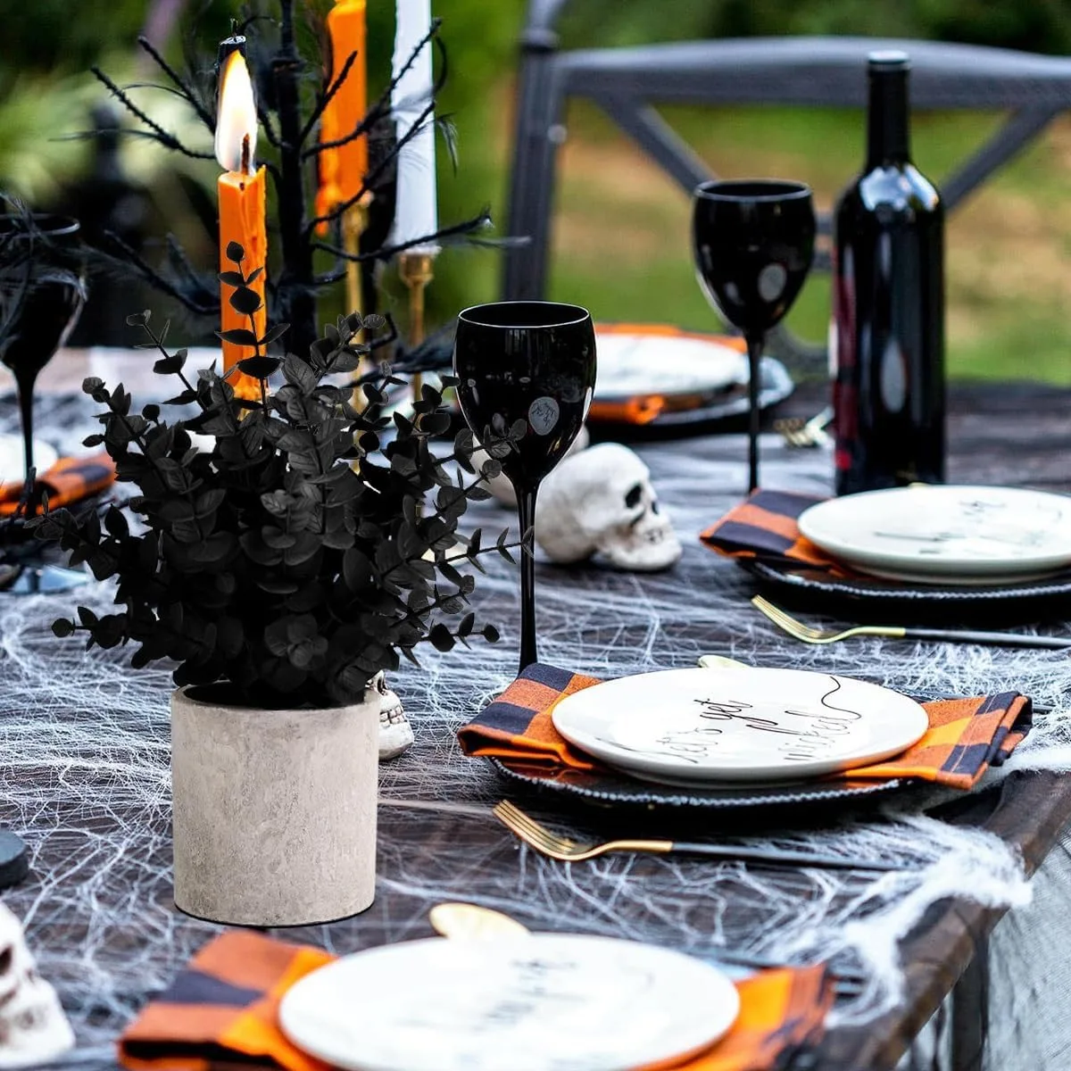 

2 шт., искусственные растения на Хэллоуин, эвкалипт в горшке, черное искусственное растение, полка для домашнего стола, офисный журнальный столик для ванной комнаты, декор на Хэллоуин