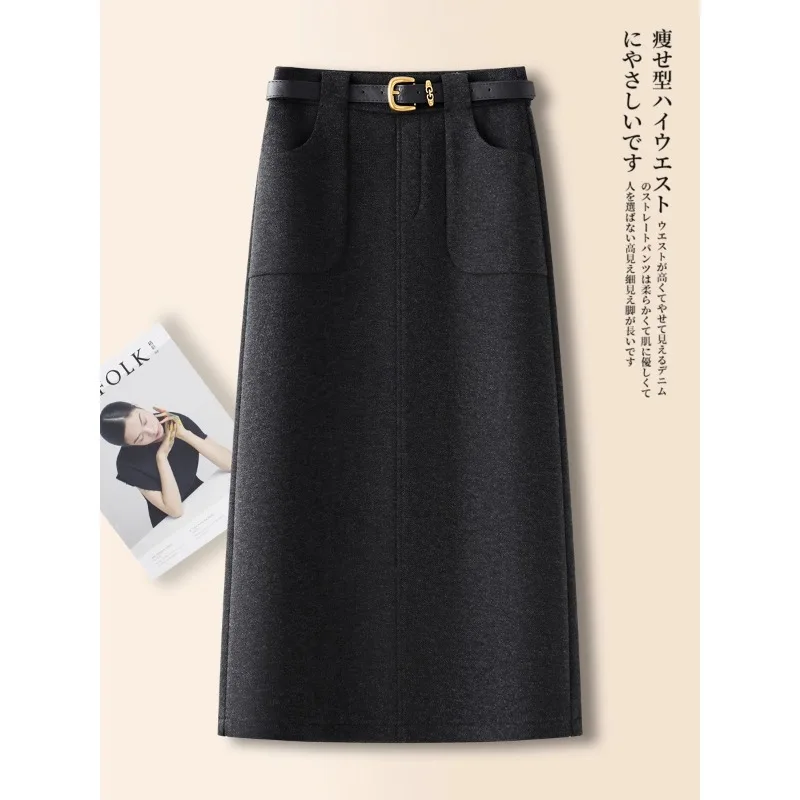 

Gray Woolen Straight Midi Skirt for Women Commuting A-Line Bodycon Skirt