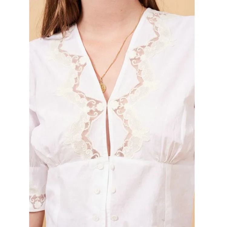 レトロな純綿レーストリムトップ、透かしデザイン、夏の新作、レディース通勤用スリムフィットトップス