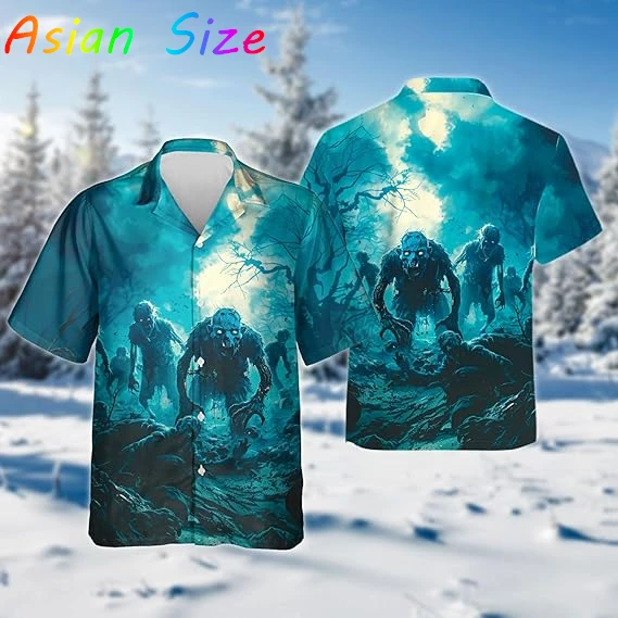 

2026 Новая мужская Гавайская рубашка с рисунком зомби, полиэстер, модная повседневная пляжная рубашка для любителей черепа, с коротким рукавом, Гавайская праздничная рубашка Camisa
