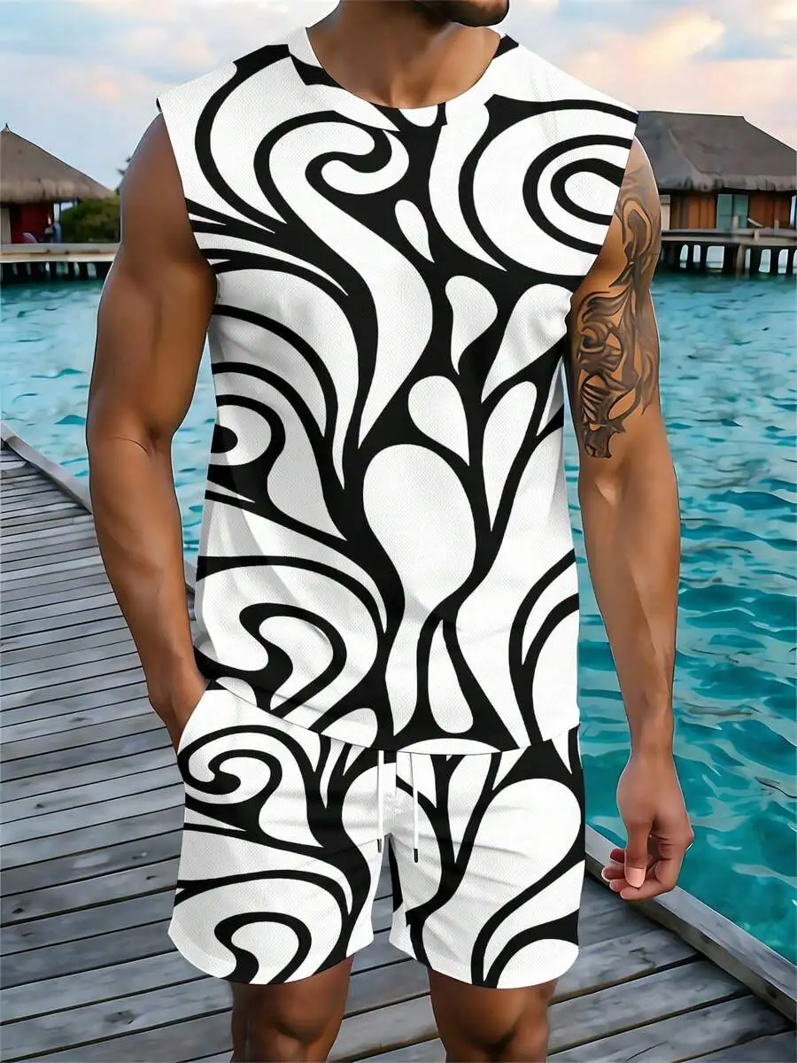 Abstract Wave Pattern 2026 European & American Spring Summer Autumn New Style Wide Shoulder Tank Top & Beach Shorts Set Men view 4