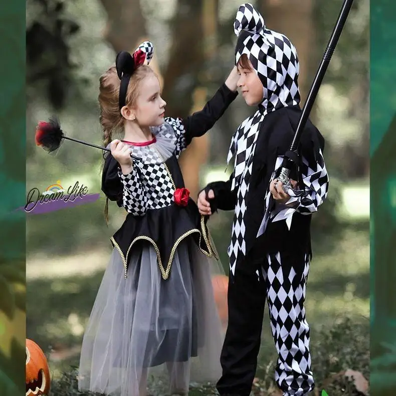 Children's loween Costume Clown Plaid Skirt Masquerade Par Outfit Performances Boys Girls Toddler Nursery Celebration Ta...