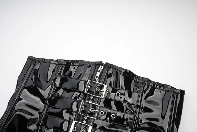 

Корсет-бюстье из искусственной кожи для женщин, сексуальный утягивающий топ, блестящий ПВХ, в стиле стимпанк, готический, черный, красный, с поясом для утяжки талии