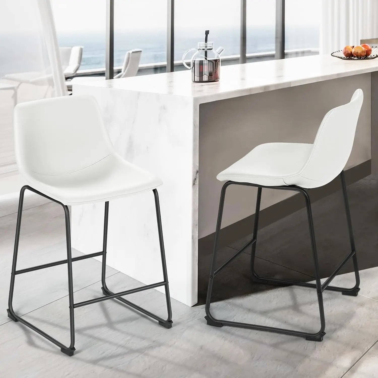 Bar Stools Set of 2 with Metal Legs, 23 Inch Modern PU Leather Counter Height Island Stools, Armless Dining Chairs for Kitchen Island, Home Bar, White Cream