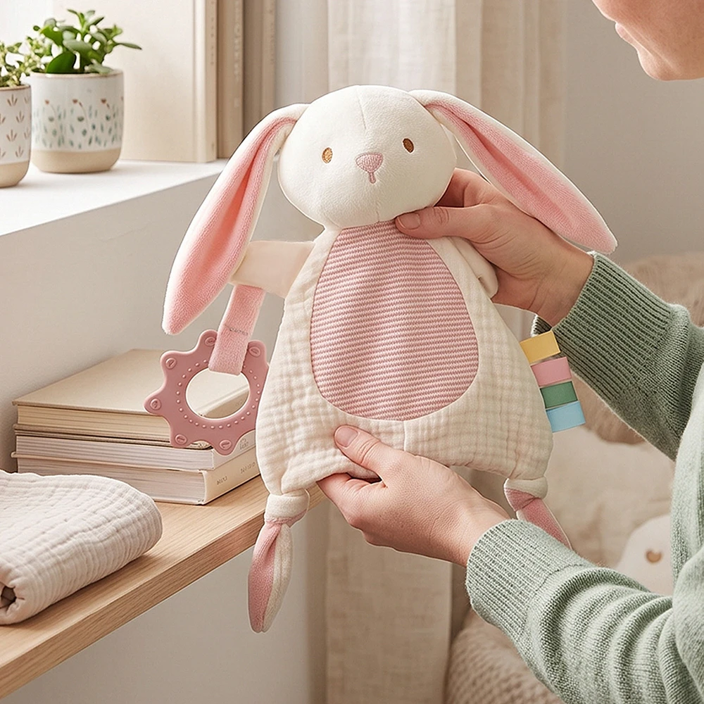 Soft Bunny Baby Lovey Security Blanket Silicone Teether Ring Crinkle Paper Double Sided Knit Fabric Sensory Baby Toys Gifts