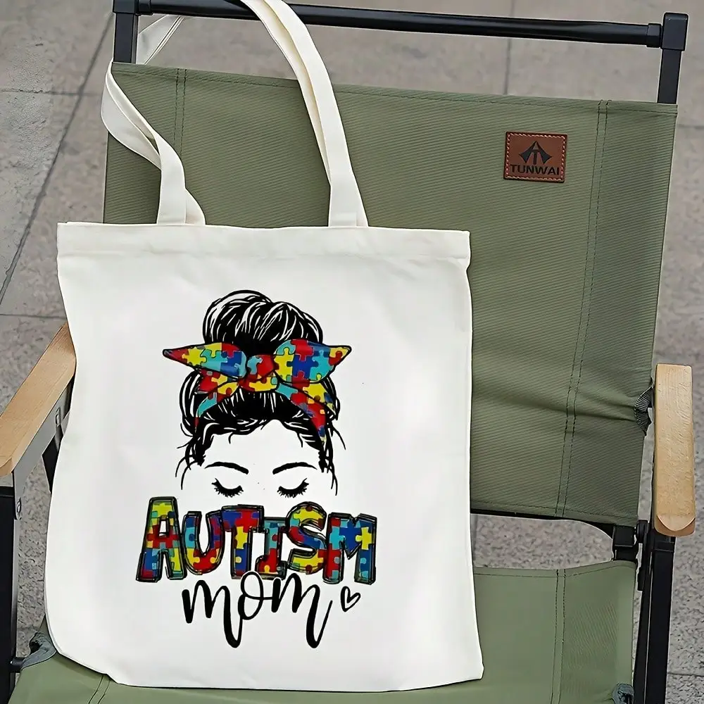 

1pc "AUTISM Mom" Inspirational Canvas Tote Bag - Hand-Painted Puzzle Piece Design, Large Capacity Shoulder Bag For Shopping & Da