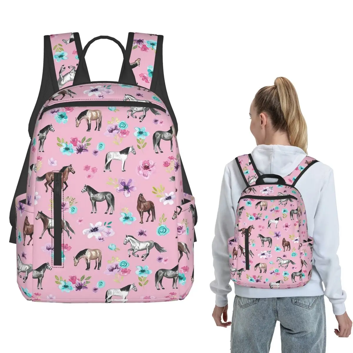 

Colorful Horse Cartoon And Flower Backpack Daypack Children BookBag School Bag Shoulder Bags for Men Women