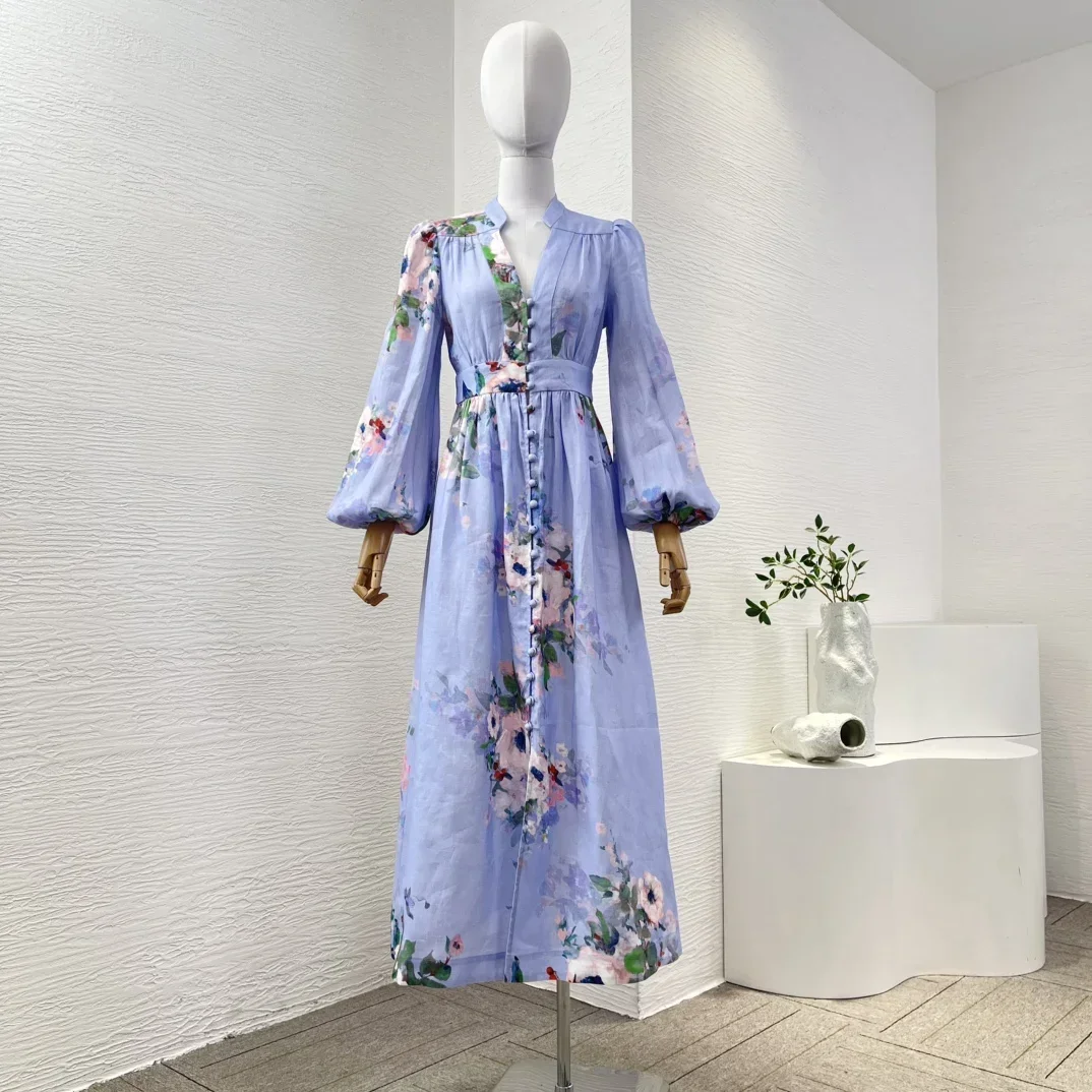 

Holiday 2025 Spring Summer Beach Style New Pure Linen Floral Print Full Sleeve Waist A-line High Quality Midi Dress for Women