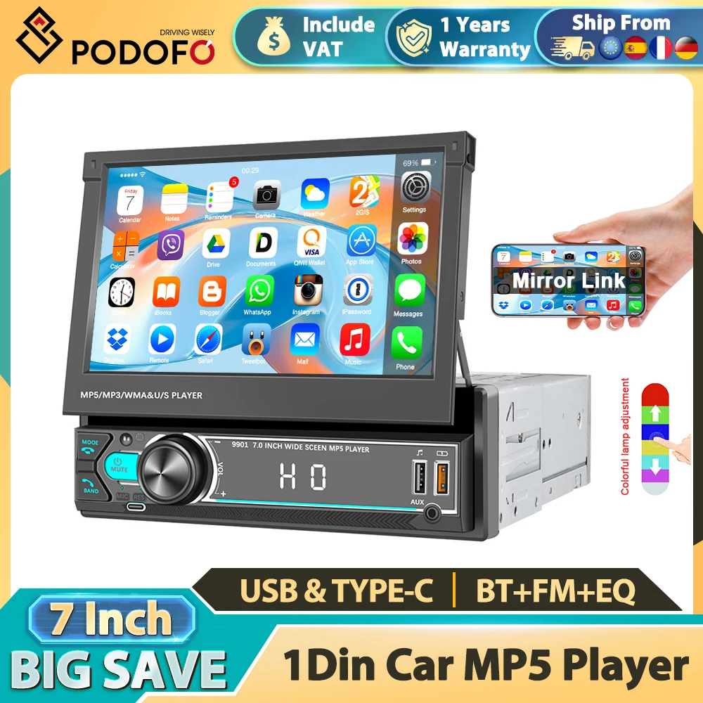 Podofo 1 Din Inteligentny System Samochodowy 7" Ręcznie Wysuwany Ekran Dotykowy Odtwarzacz Multimedialny MP5 Bluetooth USB AUX
