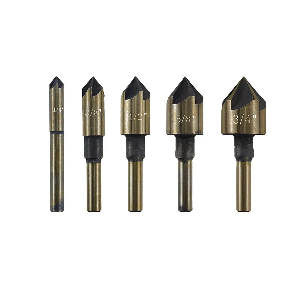 5PCS Hexagonal Handle 5 Edge Chamferer 82 Degree Countersink Drill Woodworking Hole Opener Tool Set 1/4 3/8 1/2 5/8 3/4