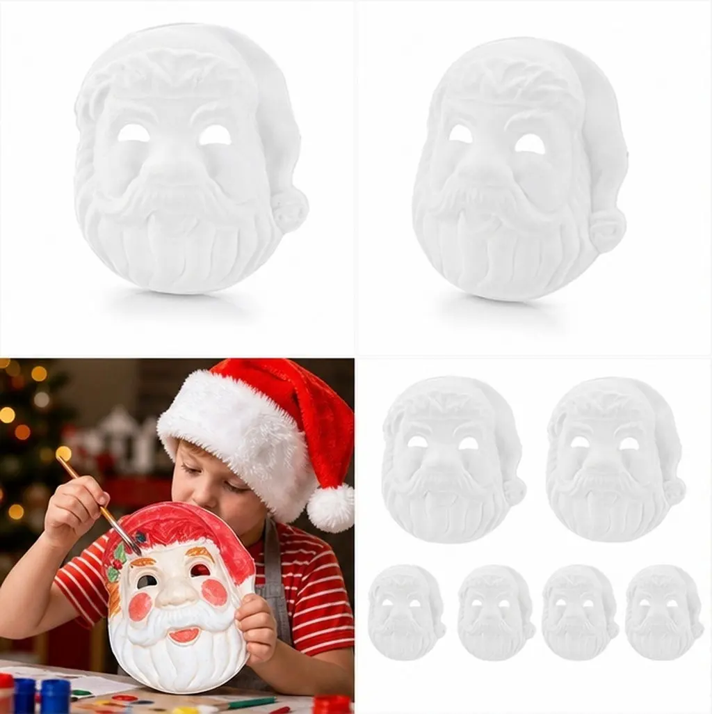 6Pcs DIY White Santa Claus Blank Masks Unpainted Paper Pulp Mask for Christmas Party Masquerade Costume Supplies