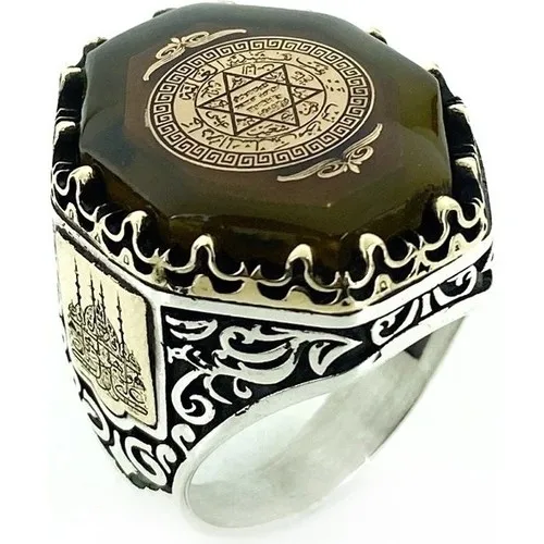 MaGümüş Star Of David Solomon Seal Amber Stone Custom Silver Men 'S Ring