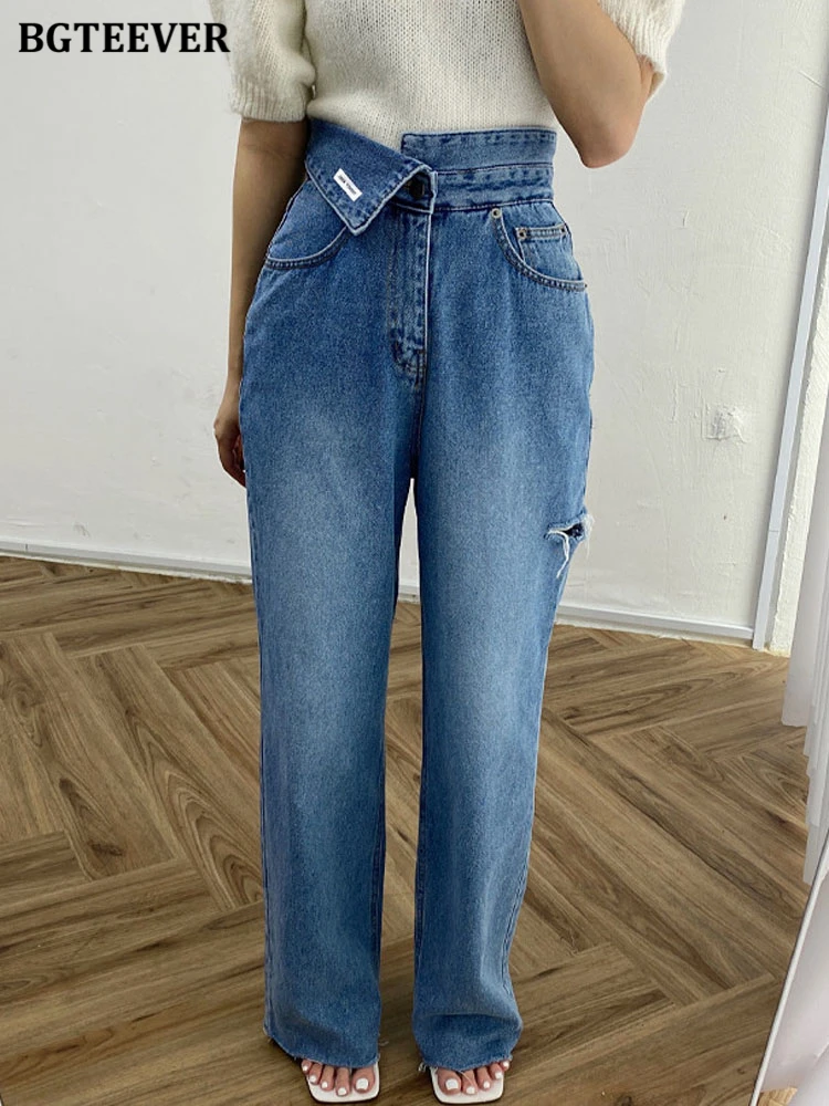 BGTEEVER Casual High Waist Straight Long Denim Pants Women Spring Autumn Flanging Ripped Holes Female Jeans Trousers