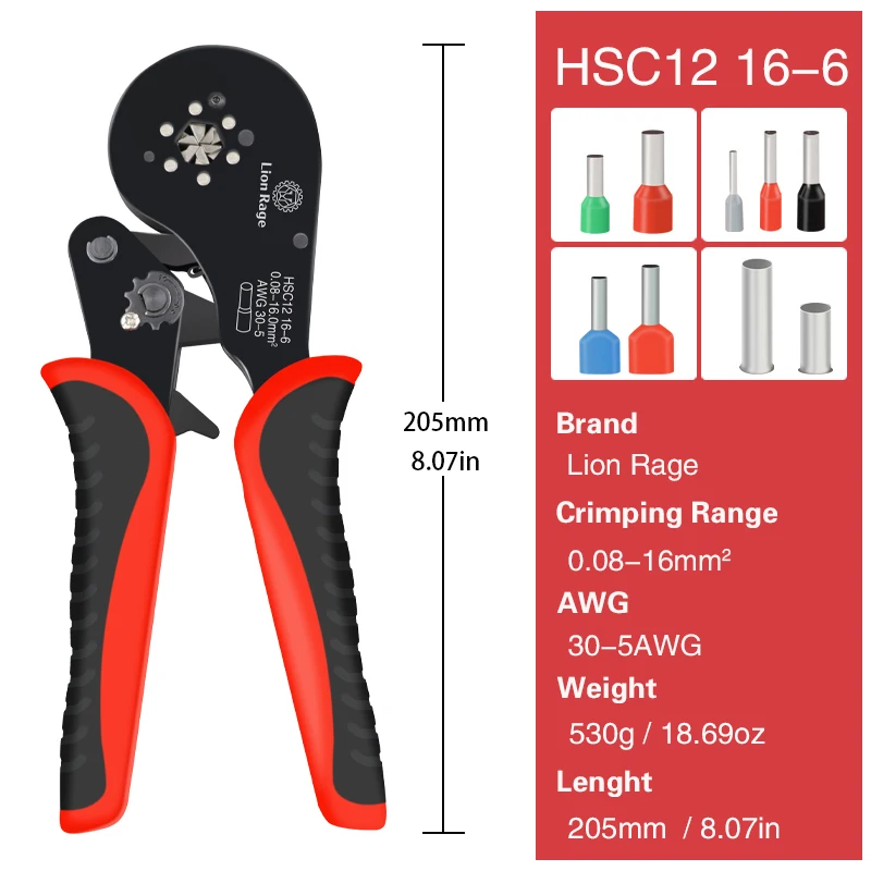 Ferrule Crimping Tool HSC12 16-6 Tubular Terminal Mini Pliers For Large Size Terminals Electrical Clamps 0.08-16mm²/30-5AWG