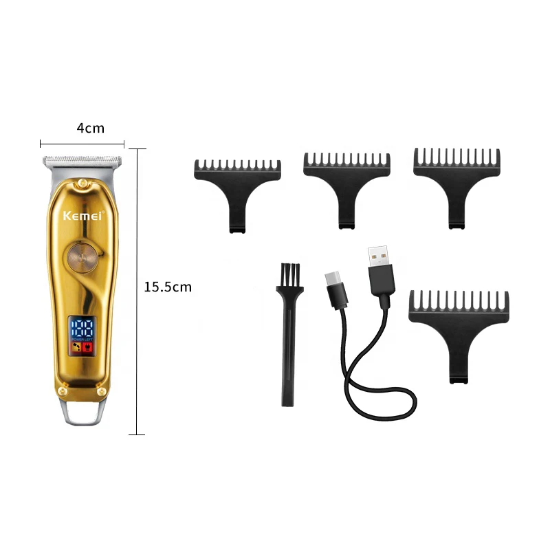 Kemei Rechargeable Hair Trimmer Zero Cut Detail Clipper Cordless Gold Metal Hair Cutting Machine for Men Edge T-blade 6800rpm