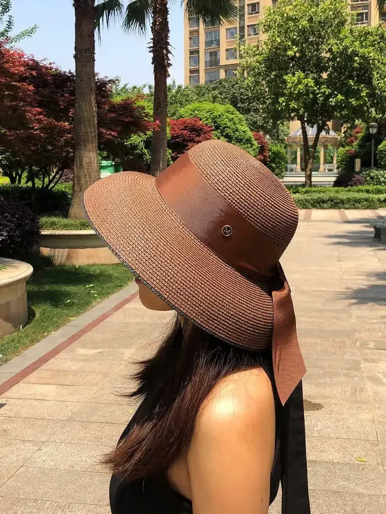 Women's French Retro Straw Sun Hat with Bow Detail - Hepburn Style Elegant Wide Brim UPF 50+ Sun Protection for Beach Vacation