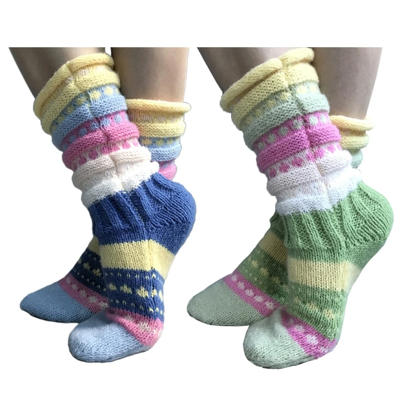 

Women Winter Chunky Knit Floor Calf Socks Colorful Striped Slipper Stockings