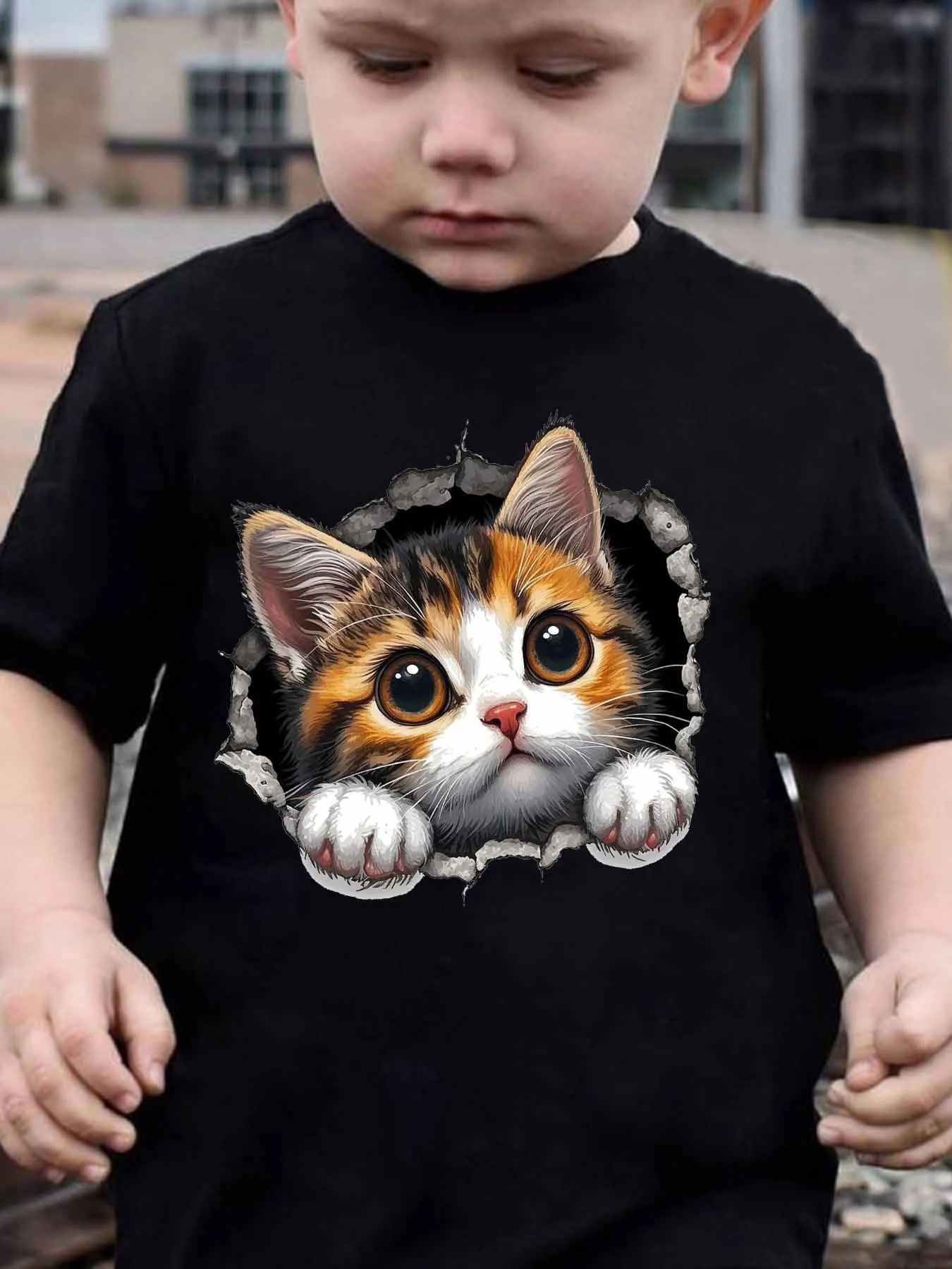 Family Cute Crack Kitten Matching Cotton Tee Parent Boy Girl Soft Summer Crew Neck Short Sleeve Top for Pet Lover Fans Tops