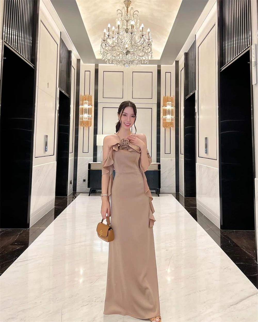 Customized Classic Jersey Halter Sleeveless Evening Dress Elegant Straight Floor Length Flowers Ruched Special Occasion Gowns