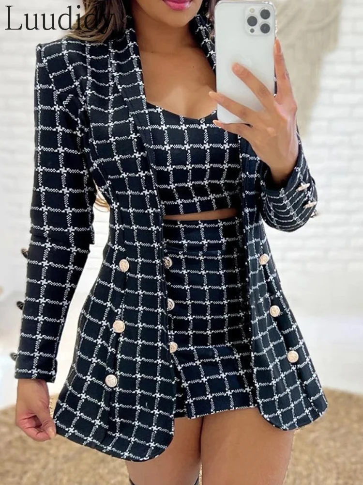 Women 3PCS Set Print Long Sleeve Blazer Coat and Skirt Set With Crop Top Sets