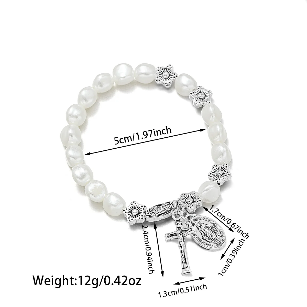 قطعة واحدة من سوار زهرة اللؤلؤ المقلد الغريبة على الموضة الرجعية مع صليب، علامة يسوع، شرابة، للجنسين، متعدد الاستخدامات للارتداء اليومي #3