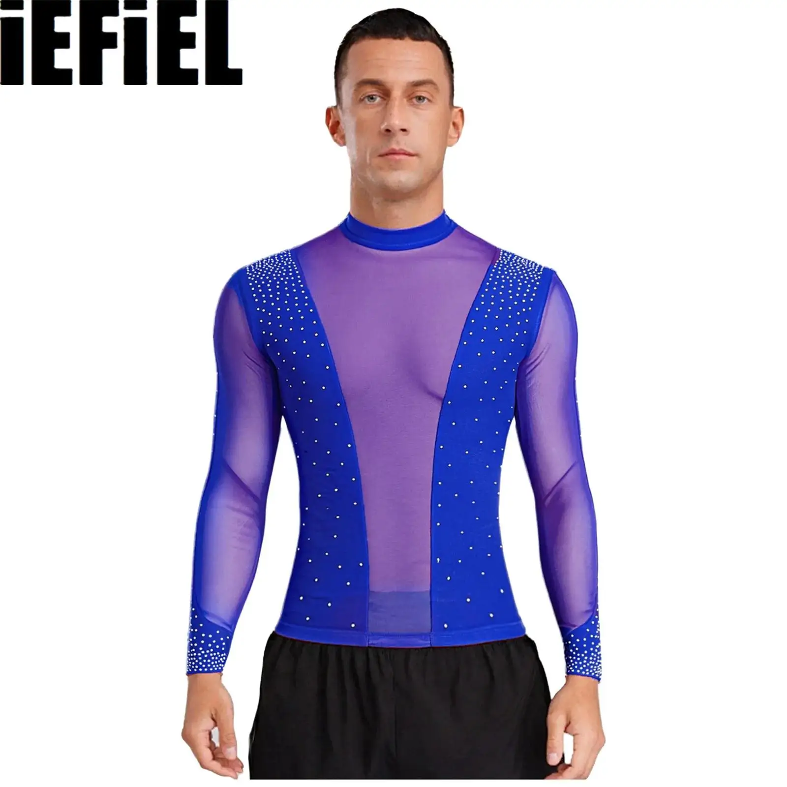 

Men Mesh Latin Dance Top for Ballet Chacha Tango Sheer Patchwork Shiny Rhinestone Mock Neck Long Sleeve T-shirt Blouse Stage