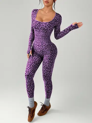 Imagen 2 del producto Mono ajustado con estampado de leopardo para mujer, adelgazante, cadera, manga larga, cuello en U, elástico