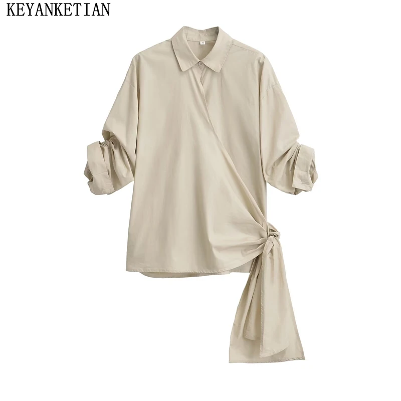 

KEYANKETIAN 2024 New Launch Women's Waist Asymmetrical Lace-up Shirts Summer Sleeve Pleating Light Khaki Casual Blouses Slim Top