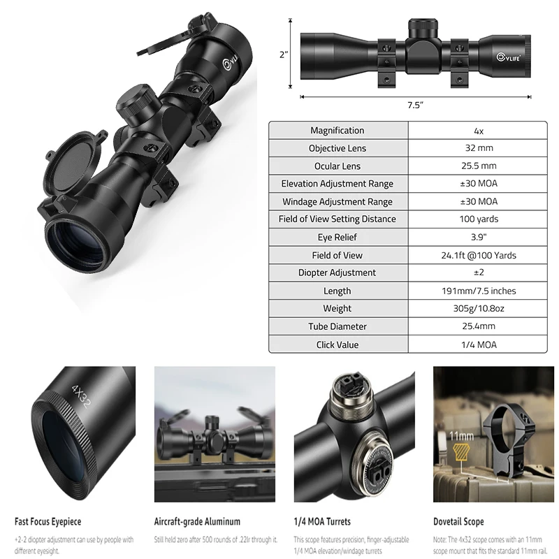 

CVLIFE 4X32 Compact Optics Scope with BDC Reticle Sights with 11mm Scope Mount for Medium to Long-Range Hunting up to 500 Yards