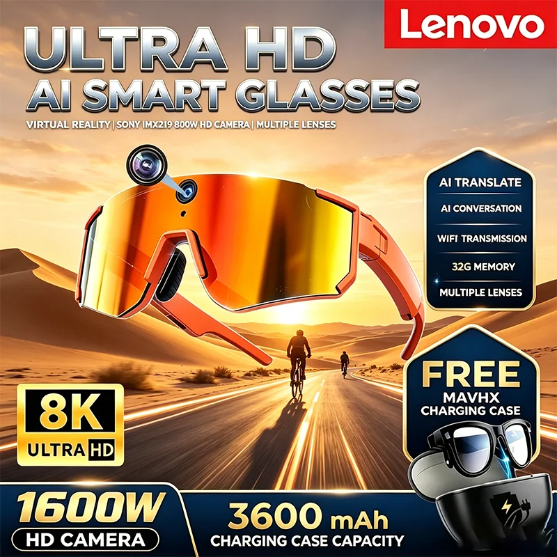 Lenovo 1600W Anti‑shake Cycling Sport Sunglasses ChatGPT DualMic AI Smart Glasses 1080P Video Photo 32GB Windproof Goggle