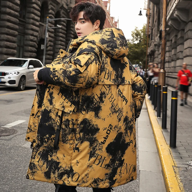 Chaqueta de plumón deportiva para hombre, abrigo largo y guapo por encima de la rodilla, con capucha de pato blanco de camuflaje, para exteriores, mantiene el calor, para invierno, 2023