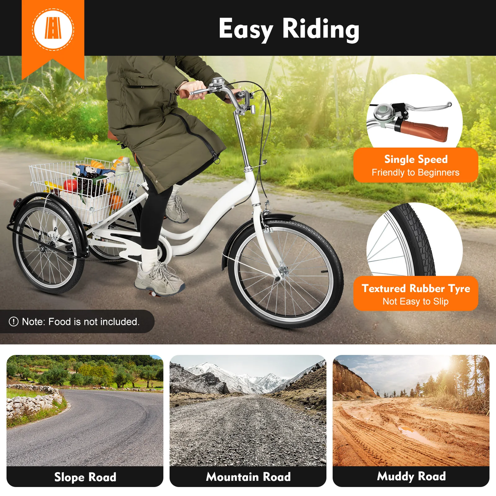 20 Inch 3 Wheel Bicycle Adult Single Speed Tricycle Trike Bike for Elderly Shopping Transport with Basket