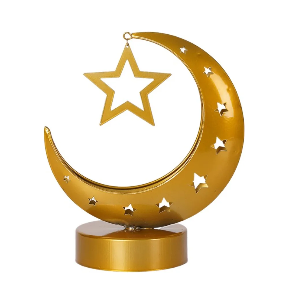 

Metal Art Design Ramadan Desk Lamp Crescent Star Shape Golden Moon Design Eid Mubarak Lamp Soft Light Wrought Iron Hollow