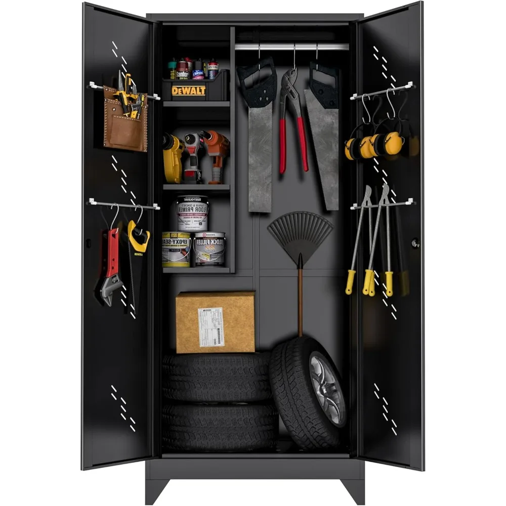 

Metal Garage Storage Cabinet, 75” Cleaning Tool Cabinet with Hooks and Hanging Rods, Heavy Duty Garden Tool Organizer, Broom Cab