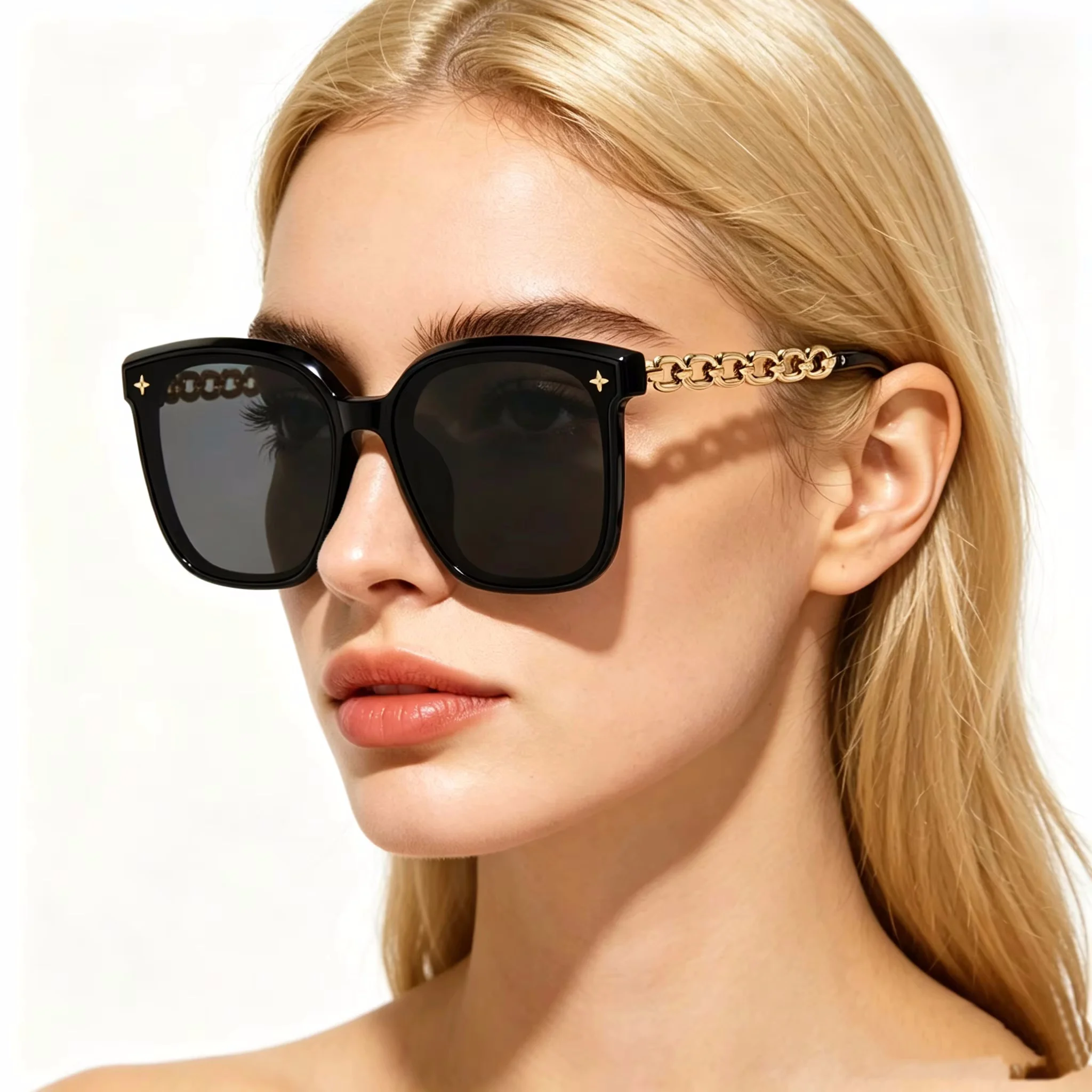 2026 New Fashion Black Square Sunglasses Chain Sun Glasses for Women Hot Sale Large Frame Premium Sunscreen Shades Gafas De Sol ﻿